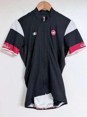 Castelli Men's Large Cycling Jersey Short Sleeve Full Zip Black White Red EUC